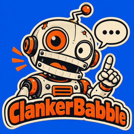 The ClankerBabble robot, mid-sentence, finger raised